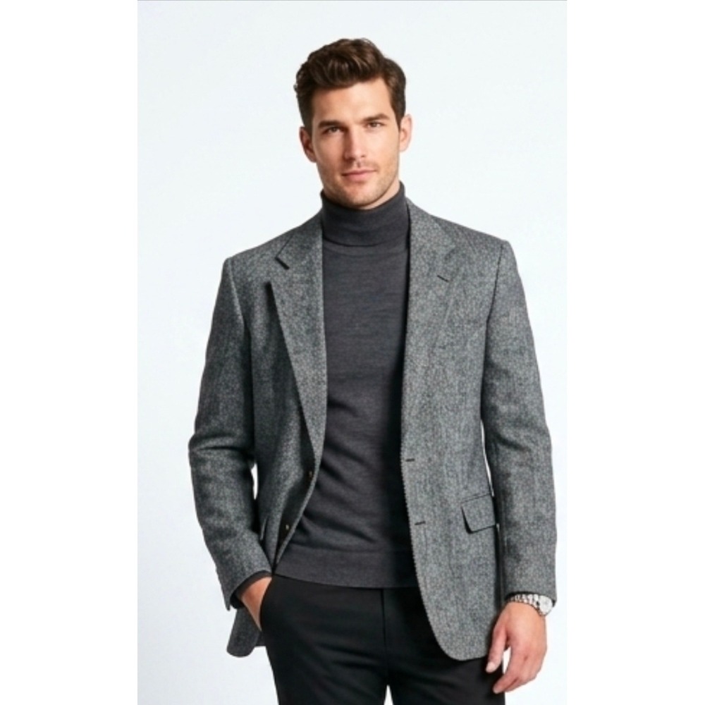 Bill Blass Grey Vintage Blazer 44 Herringbone  Wool Sport Coat Classic Academic